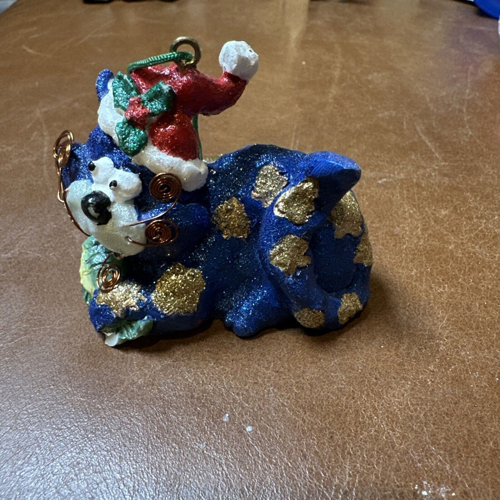 Vintage Christmas Cat Ornament Figure Blue & Star Glitter W/Santa Hat HTF